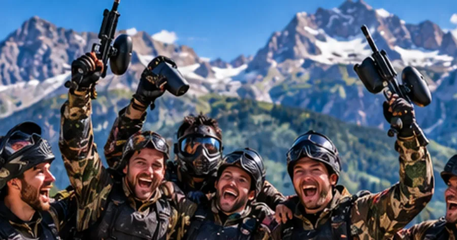 Groupe d'amis en tenue de paintball pour un enterrement de vie de garçon à Gap