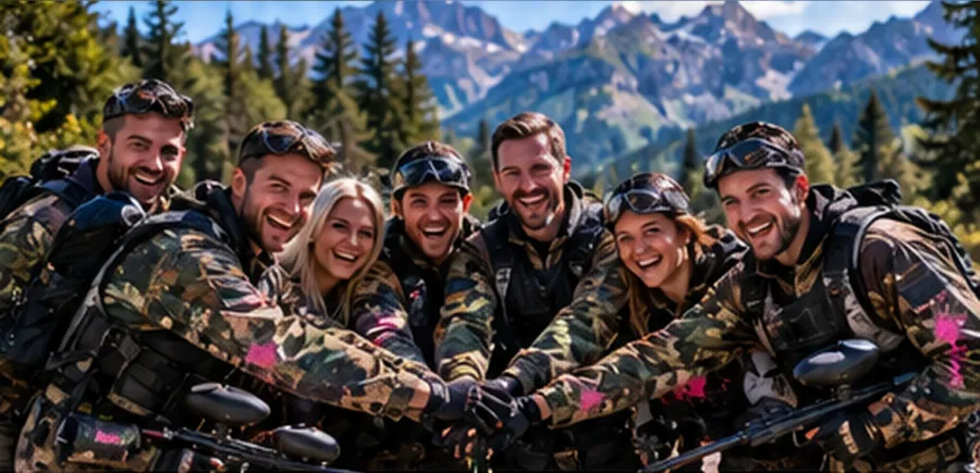 Équipe d'entreprise réunie après une partie de paintball dans les Hautes-Alpes