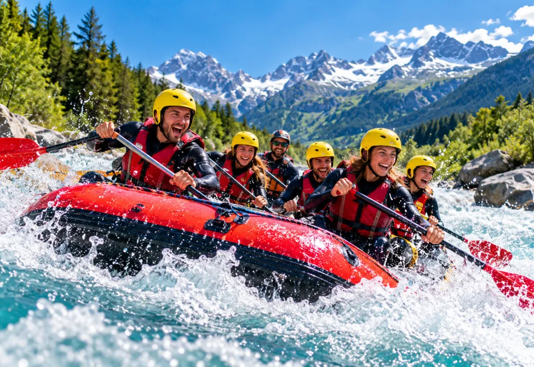 Groupe en rafting sur une rivière de montagne des Hautes-Alpes