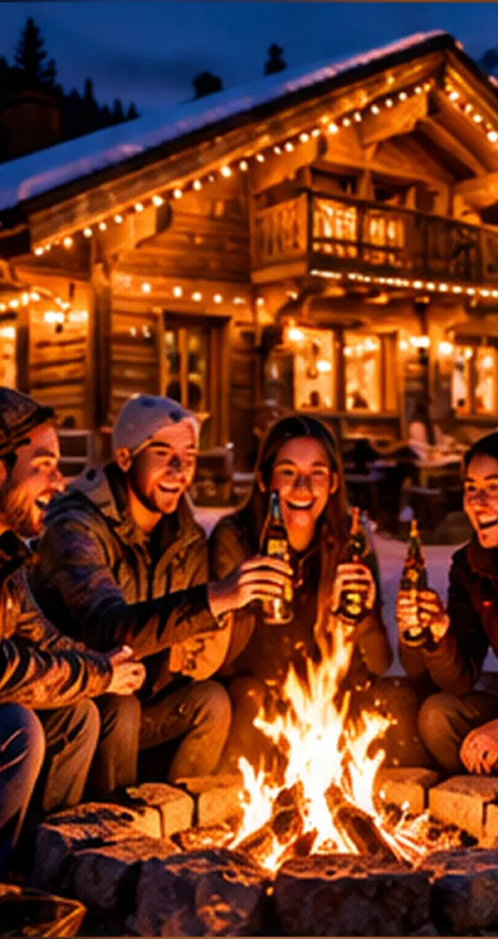 Soirée entre amis autour d'un feu devant un chalet