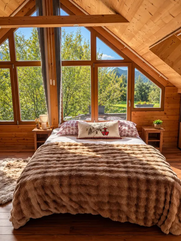 Chambre avec grande baie vitrée ouverte sur la verdure