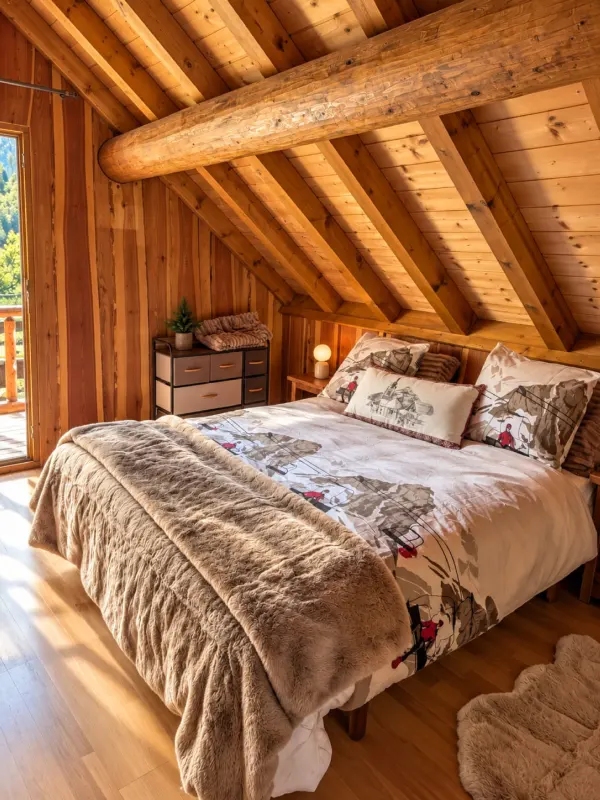 Chambre mansardée sous charpente en bois au Chalet Orcizen