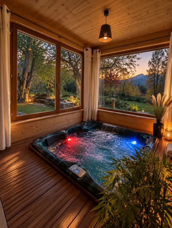 Jacuzzi intérieur avec vue sur la montagne au coucher du soleil