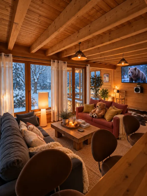 Salon chaleureux en soirée, jardin enneigé