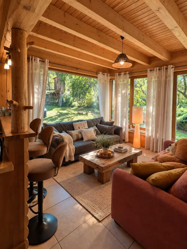 Salon lumineux avec canapés et vue sur le jardin au Chalet Orcizen